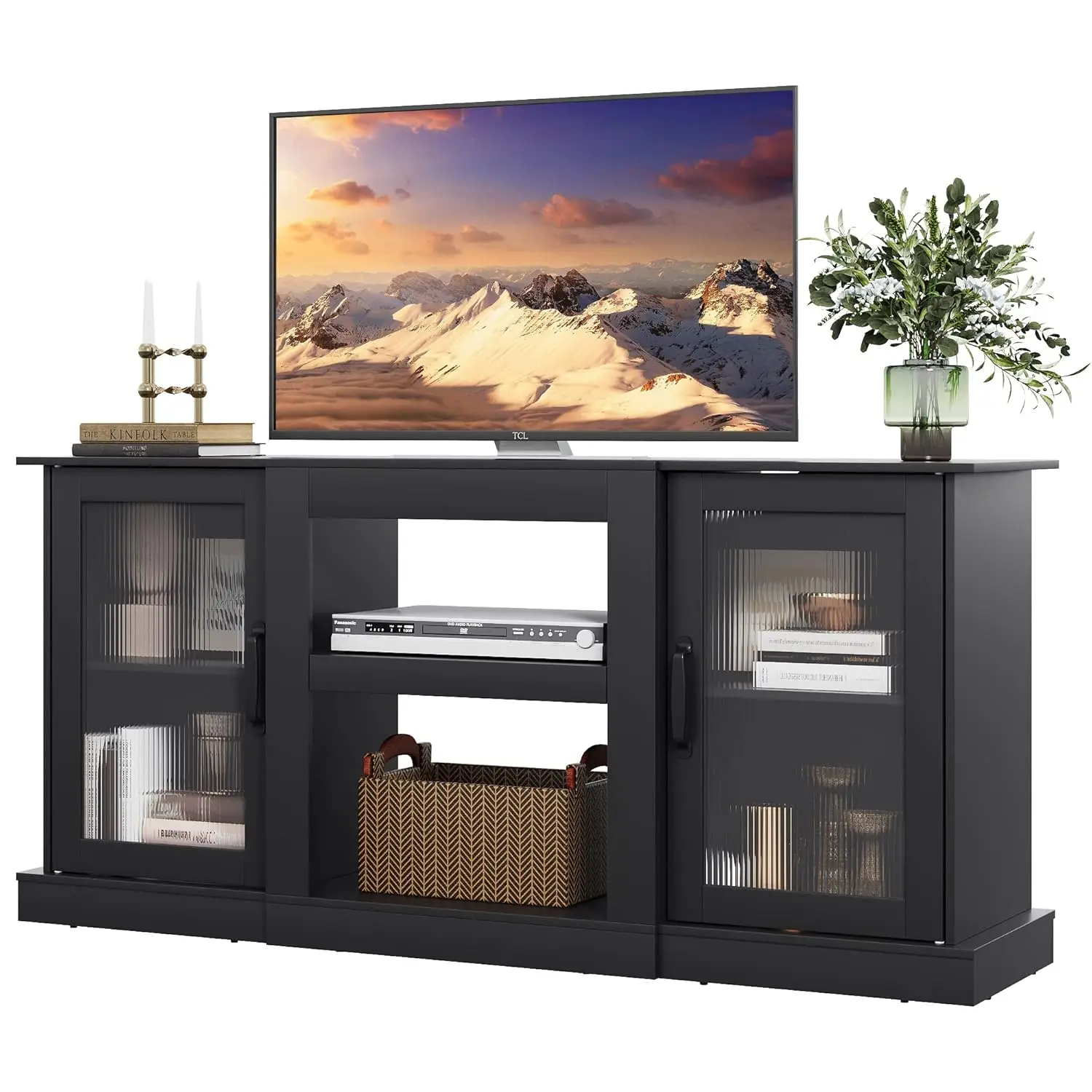 Farmhouse TV Stand for 65 inch TV, 58" Entertainment Center with Storage Cabinets, Open Shelves TV Console , Customized