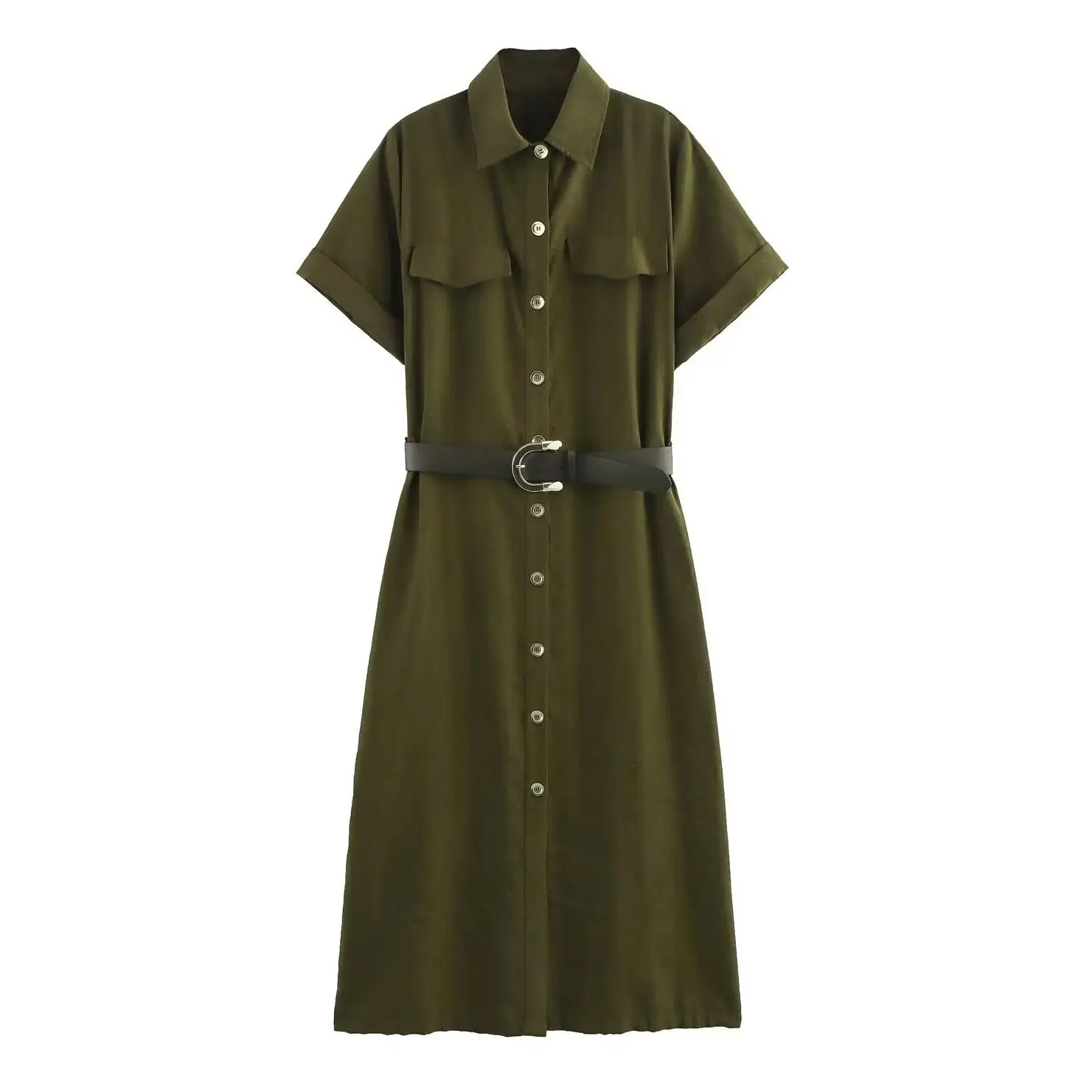 

KONDALA 2025 Fashion Summer Women Midi Dress Sashes Single Breasted Long Dress Straight Short Sleeve Vintage Female Vestidos