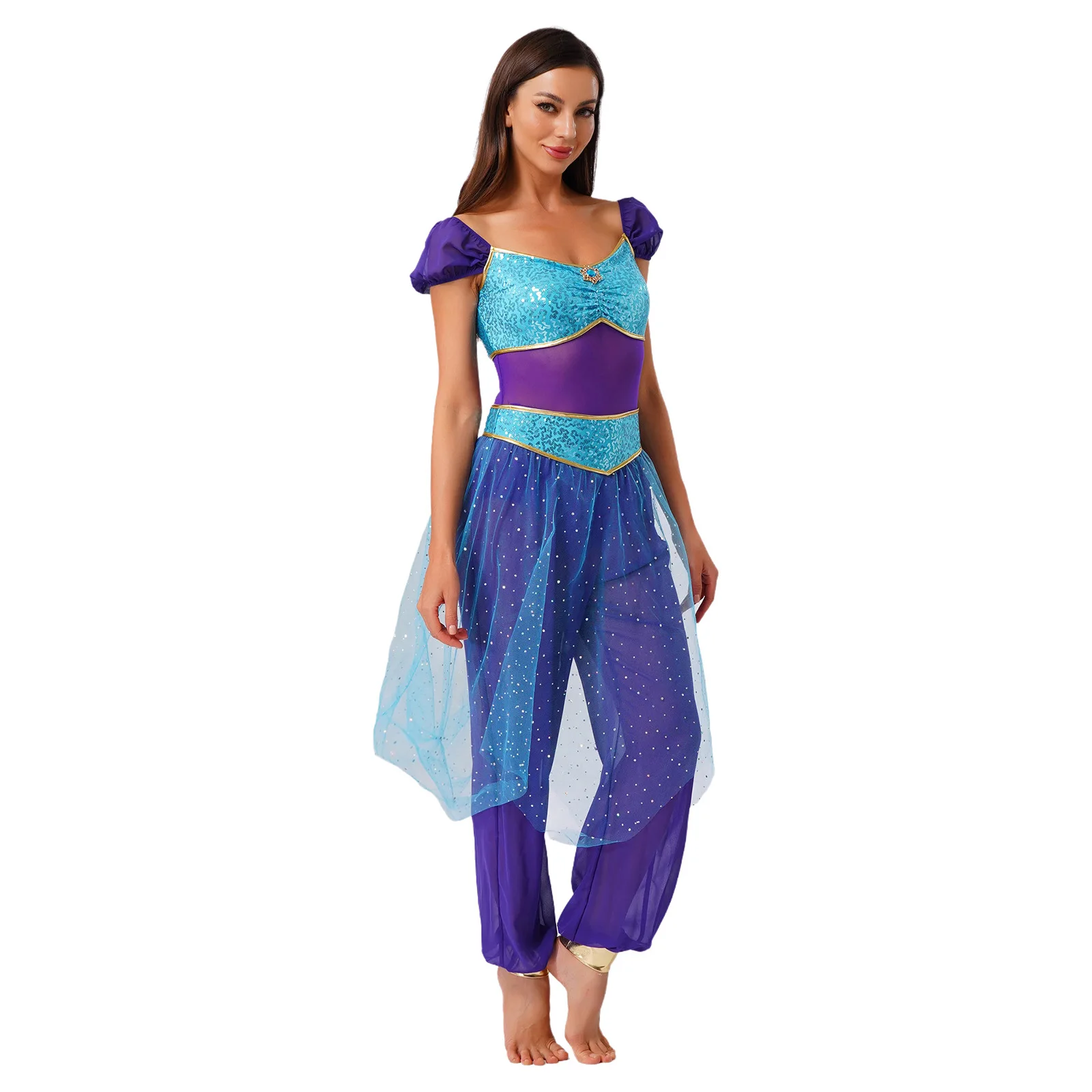 

Women Arab Princess Belly Dance Rompers Sequined Tulle Overlay Sleeveless Jumpsuit for Halloween Indian Princess Cosplay Outfit