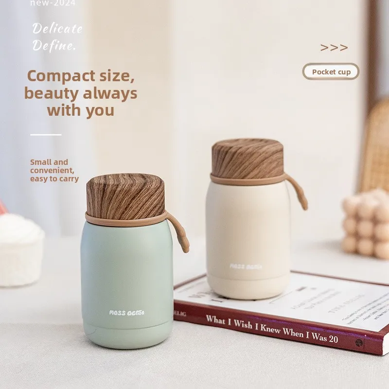 Wood Grain Lid Mini Insulated Cup, 304 Stainless Steel Pocket Cups, Small Capacity Outdoor Portable Vacuum Cup, Couple Water Cup