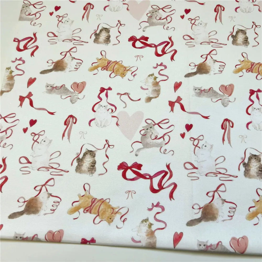 Red Ribbon Cat 100% Cotton Fabric Material Patchwork Sewing Fabrics Quilt Needlework DIY Cloth baby Material