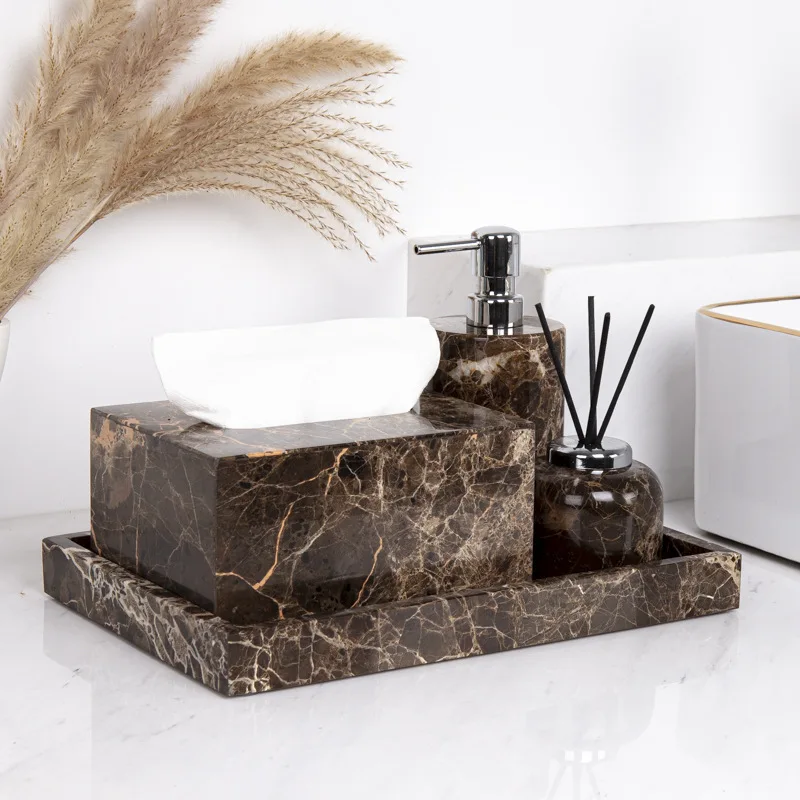 Marble Bathroom Accessories Set Soap Dispenser Toothbrush Holder Tray Countertop Organizer Reed Diffuser for Home Hotel Vanity