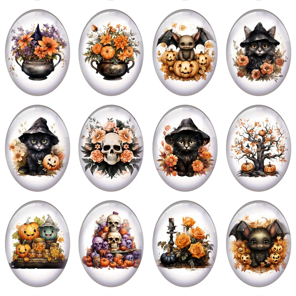 10pcs/lot Halloween Flower Bat Cat Skull Pumpkin Witch Hat Oval Photo Glass Cabochon Flatback Demo Cameo Diy Jewelry Making