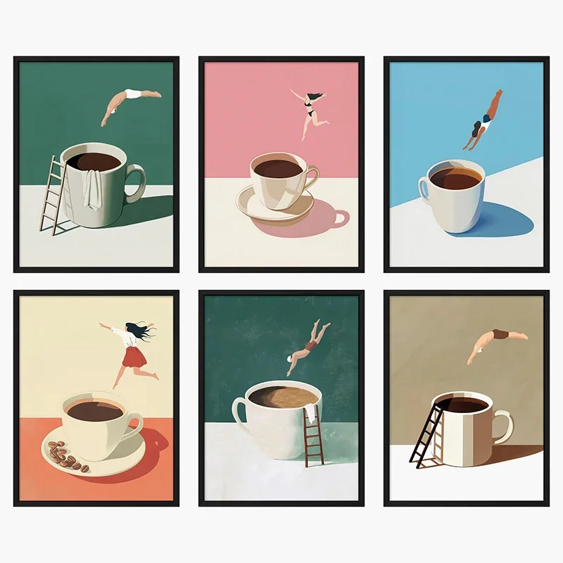 Retro Coffee Diving Poster Canvas Painting Good Morning Coffee Lover Print Wall Art Living Room Home Kitchen Decor Frameless