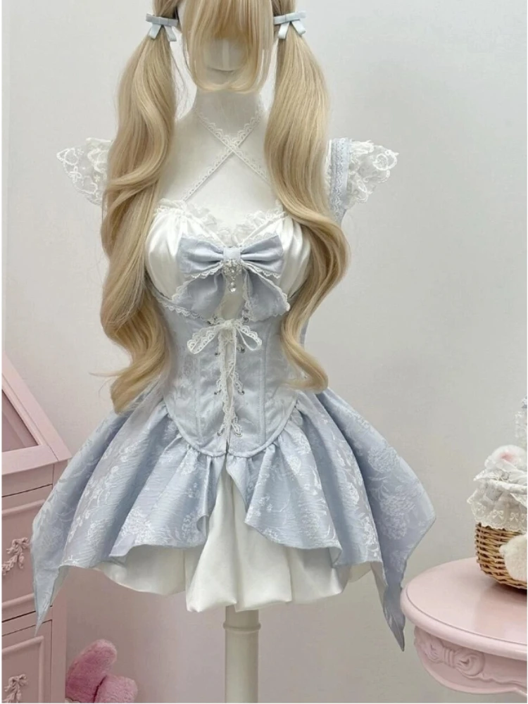 

Summer Women Two Piece Set Corset Dress Lace Up Sleeveless Cute Girl Outfit Blue White Fairy Style Ruffle Skirt Kawaii Sweet New