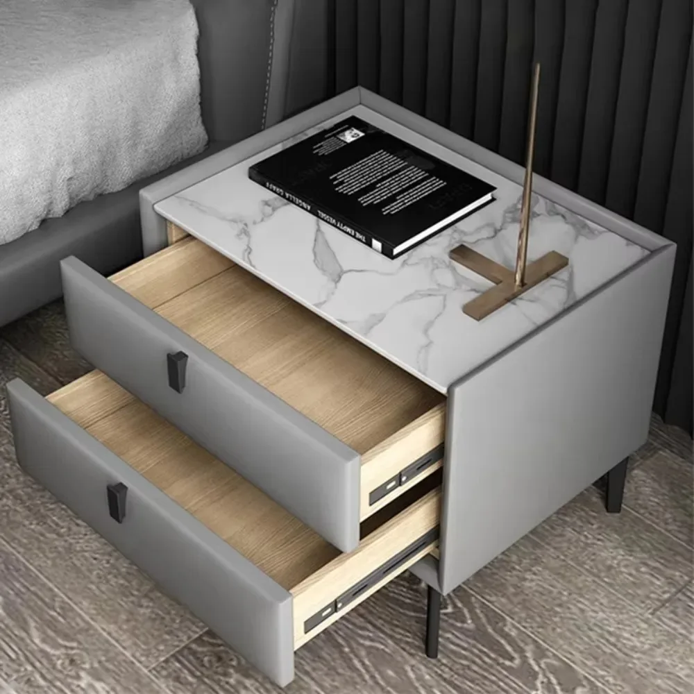 Modern Fashion Leather Wrapped Wooden Nightstand Anti Rust Metal Classic Popular Bedroom Bedside Furniture For Household Storage