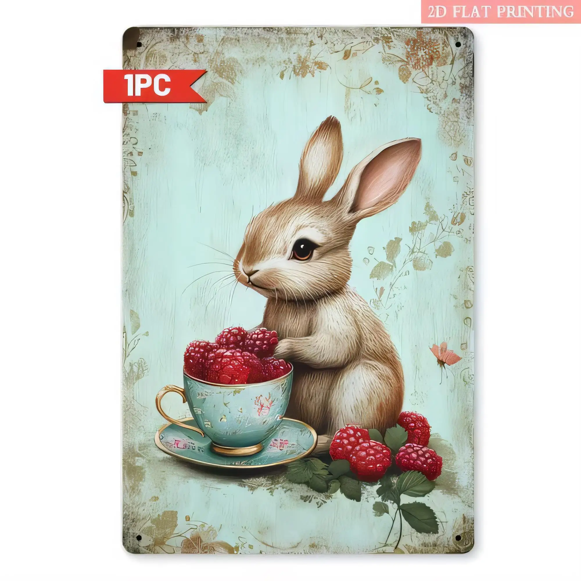 Tin Sign Rabbit With Raspberries Teacup Vintage Farmhouse Metal Wall Plaque  Retro Rustic Home Bar Cafe Decor  Printing Decorati