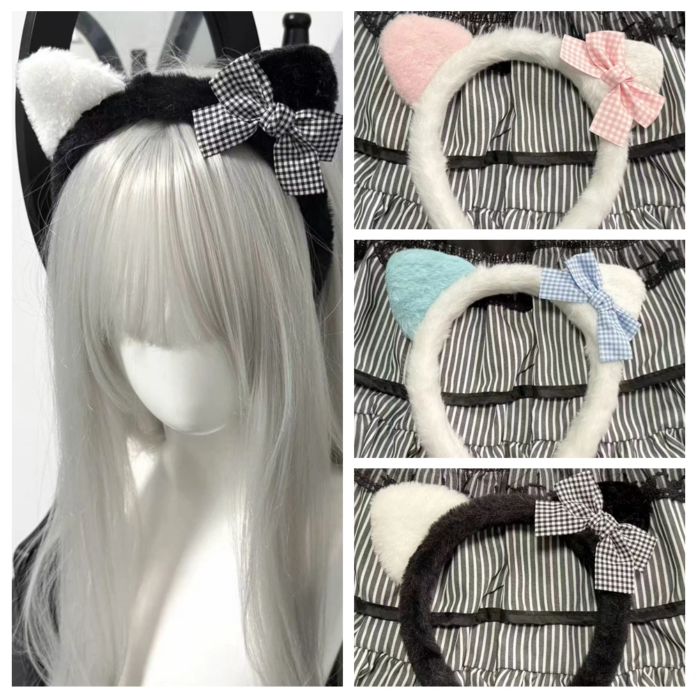 Japanese Style Kawaii 1PC Checkered Bowknot Fluffy Cat Ear Headband Retro-Style Lolita Girl Anime Maid Women's Hair Accessory