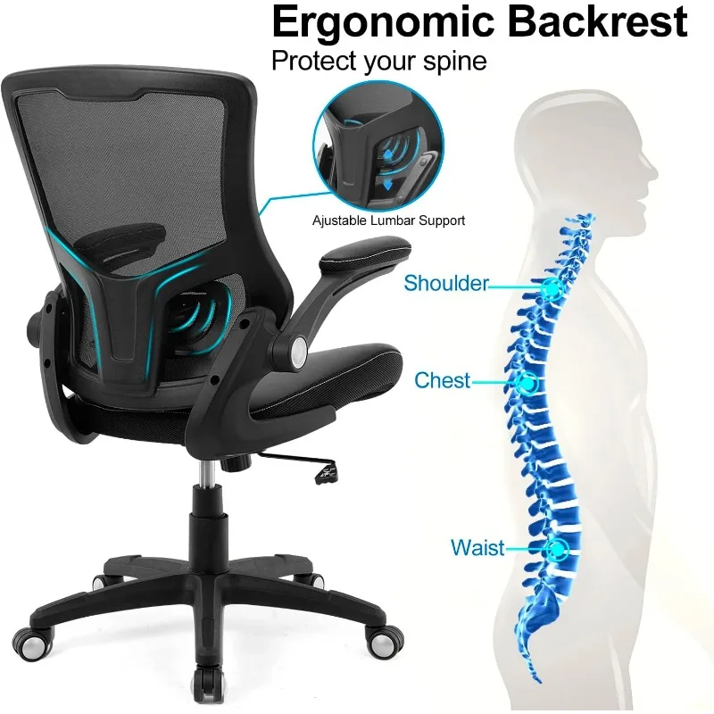 Computer PU Leather Home Office Desk , Mesh Adjustable Lumbar Support Flip-up Armrests Executive Task Chair