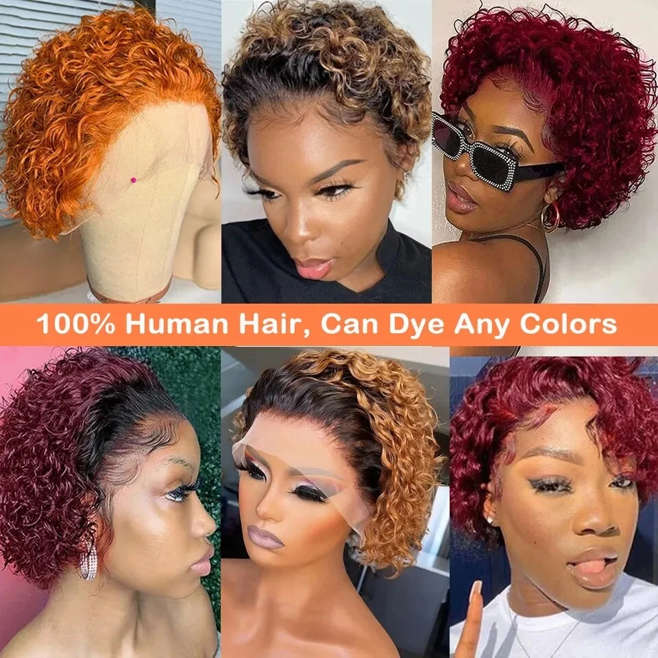 Pixie Cut Wigs Short Kinky Curly Lace Front Human Hair Wigs 13x2 Transparent Lace Frontal Wigs 1B/99 Ombre Water Wave Bob Wig