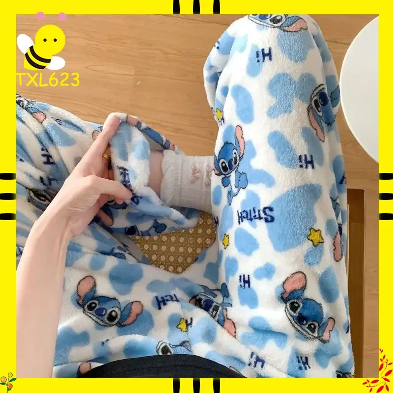 

Hot Anime Stitch Winter Plush Pajama Pants Kawaii Warm Student Sleep Pants Loose Casual Home Trousers For Girls
