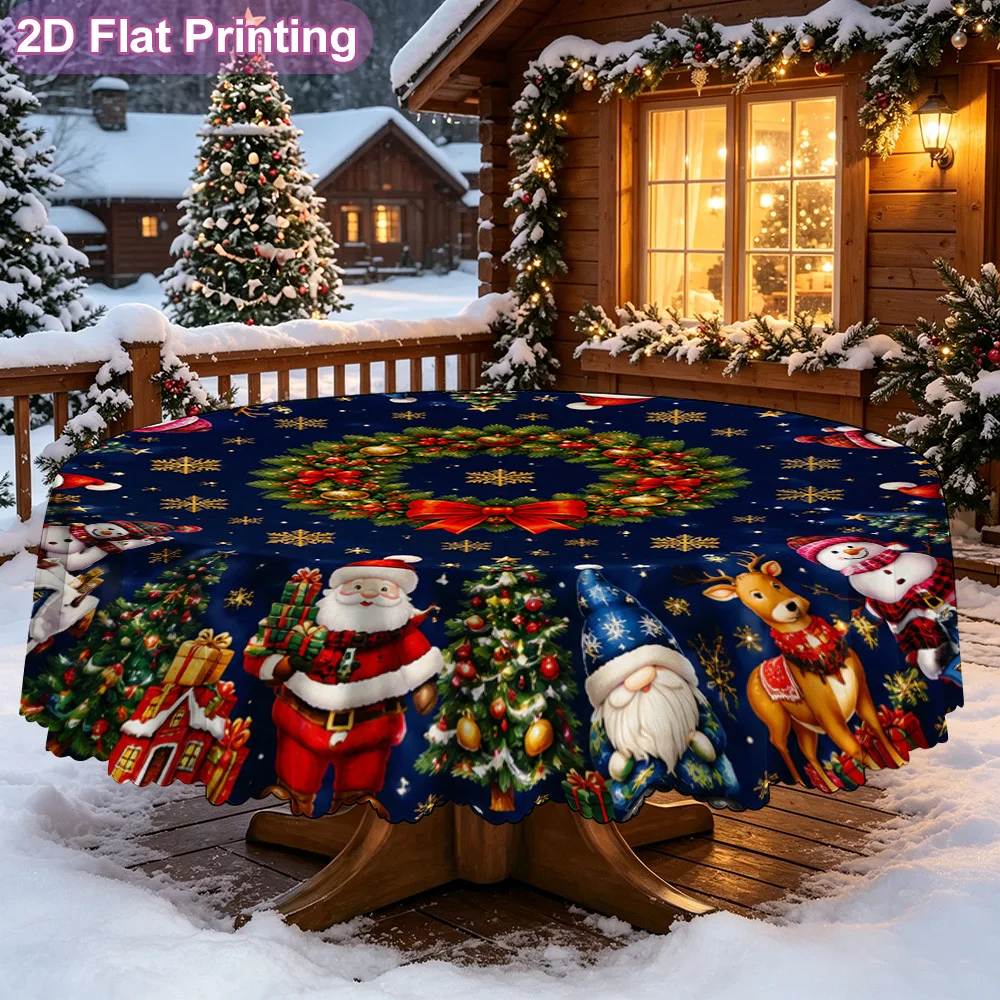 2D flat single-piece round tablecloth, Christmas wreath, Santa snowman design, holiday family dining, send a tablecloth