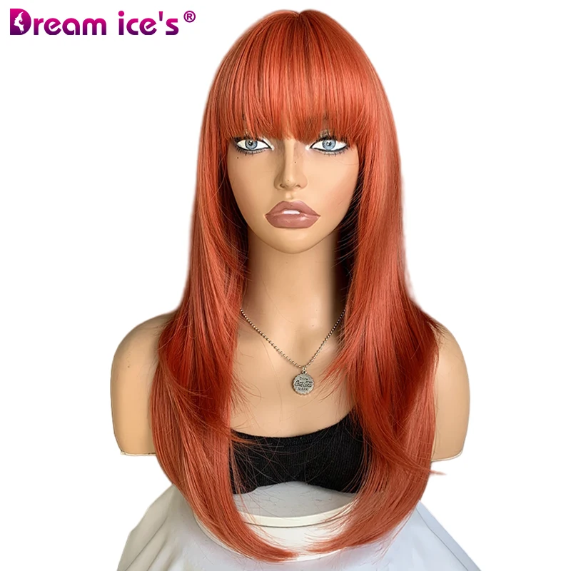 

22Inch Natural Effect Synthetic Wig with Bangs Long Orange Wigs for Women, Heat Resistant Synthetic Wigs Hair Cosplay Party Wigs