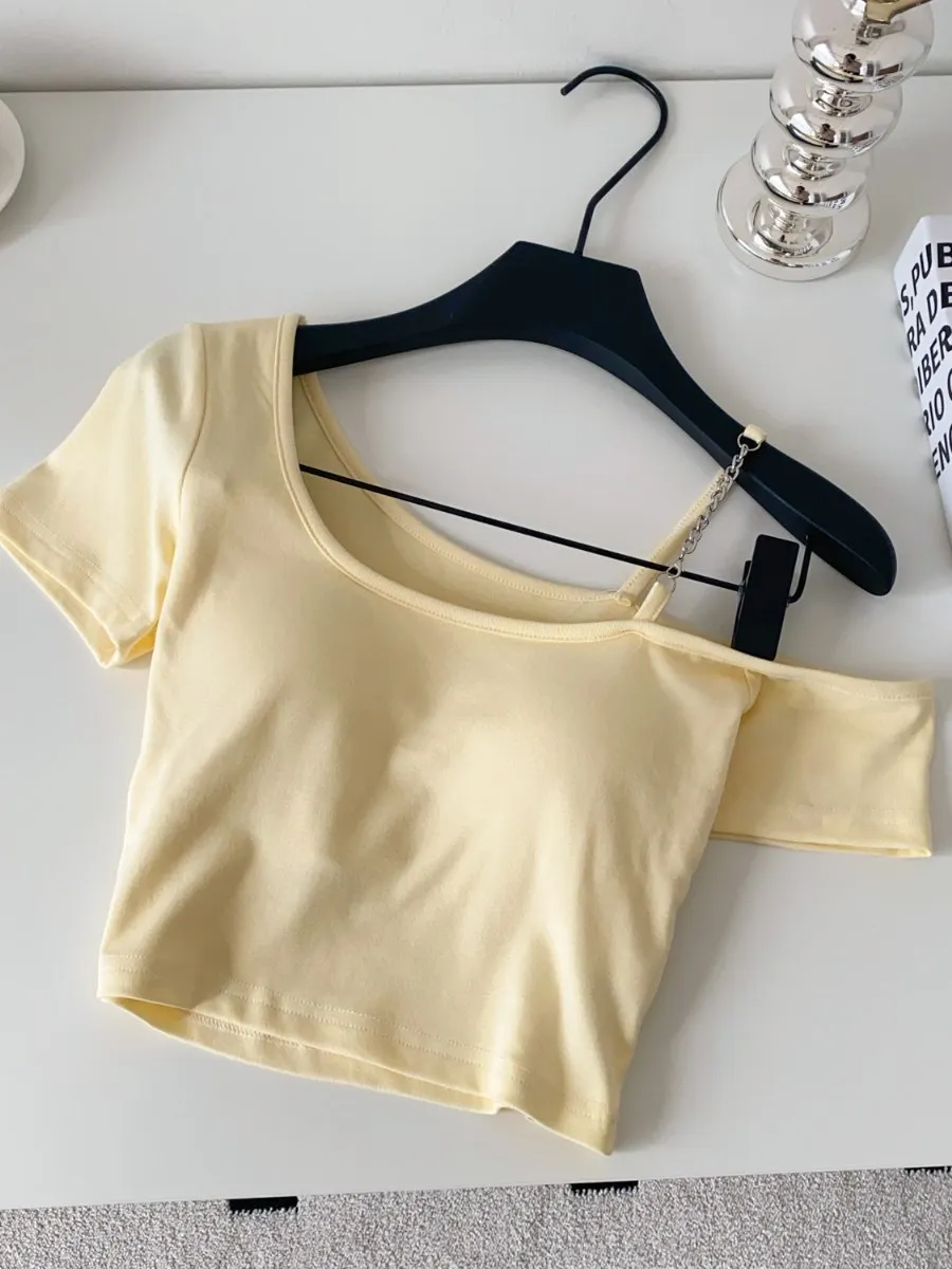 SsTss العصرية Ins خارج الكتف حزام تي شيرتات قصيرة الاكمام المرأة الصيف مبطن سليم Bodycon المحاصيل الأعلى شيك