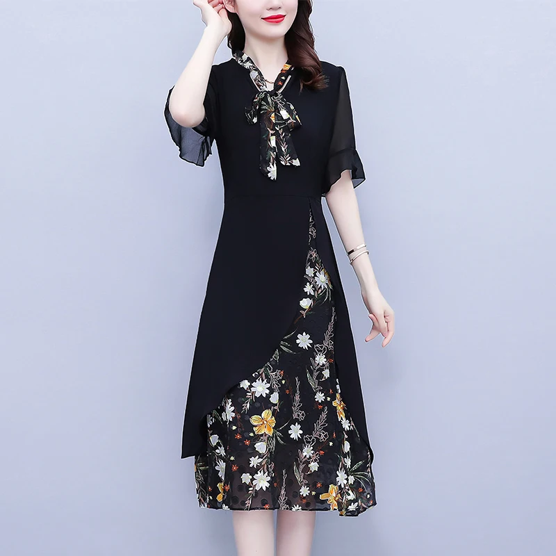 

L-5XL Summer Dress 2025 New French Hepburn Style Short Sleeved Black Printed Chiffon Dresses Irregular Loose Mothers' Clothing