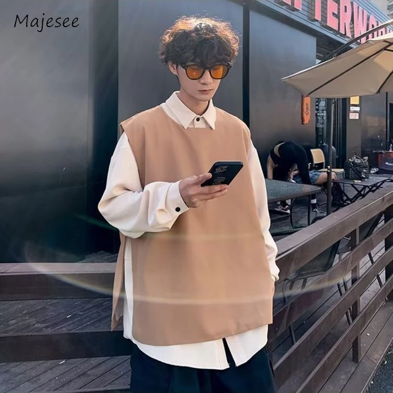 

Side-slit Vests Men Baggy Solid Minimalist Korean Style Preppy All-match Sleeveless Spring Summer Teens Youthful Streetwear Chic