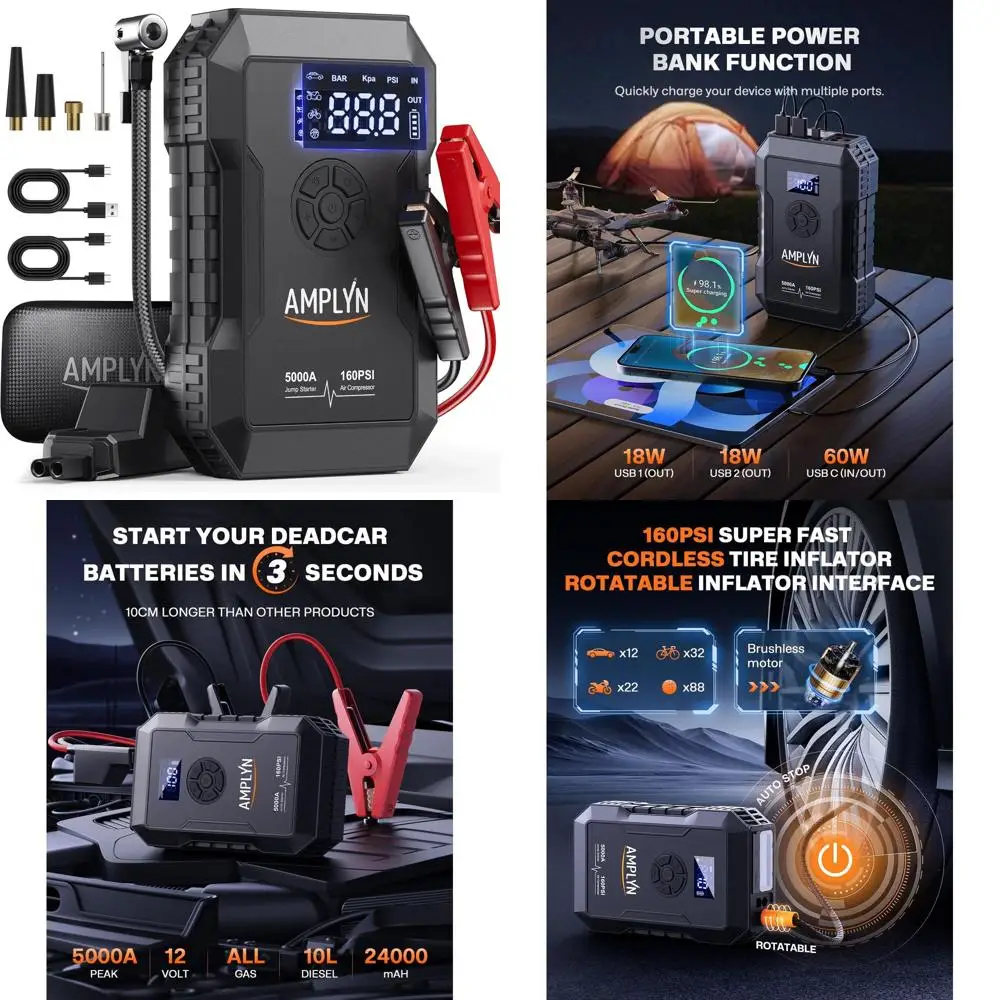 

Car Battery Jump Starter with Air Compressor 160PSI,5000A 60W Portable Jump Starter Battery Pack (All Gas/10L Diesel),12V Starte