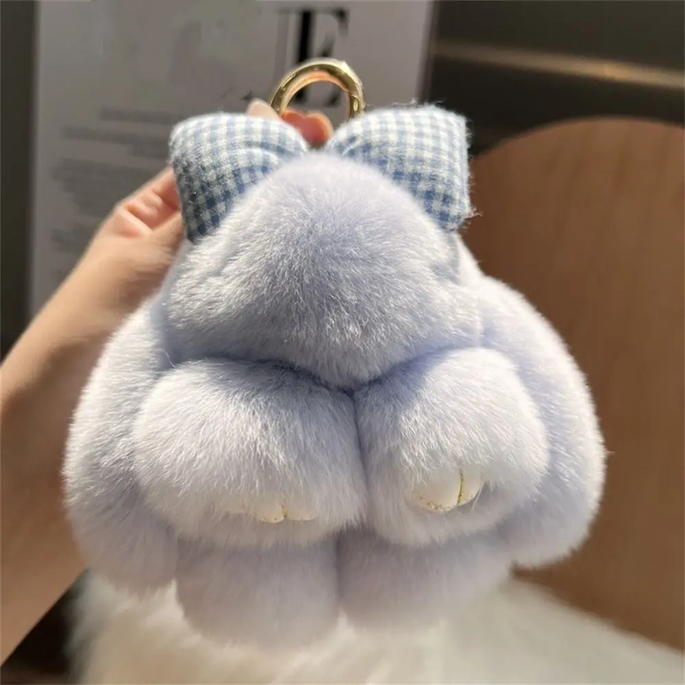 Hair Bow Rabbit Fur Keychain Pompoms Cute Fluffy Bunny Keychain Plush Dolls Bag Charm Plush Rabbit Key Ring Car Key Chain view 2