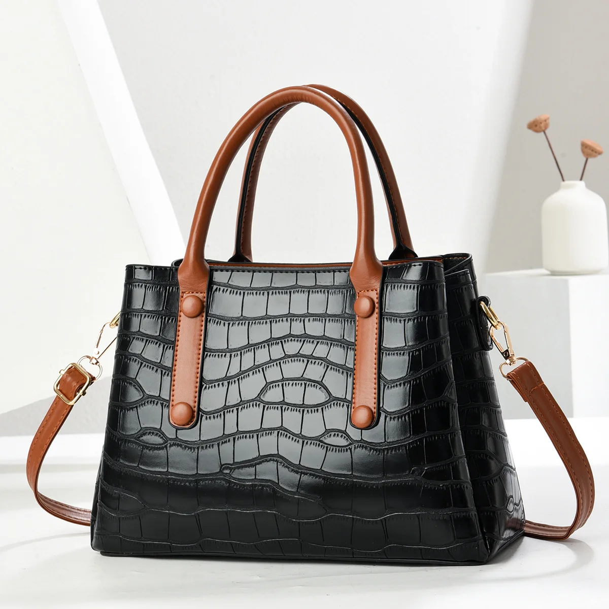 Color Blocked Handle Women Crocodile Pattern Large Capacity Daily Casual  Crossbody Shoulder Bags Trendy Trend Ladies Tote Bags