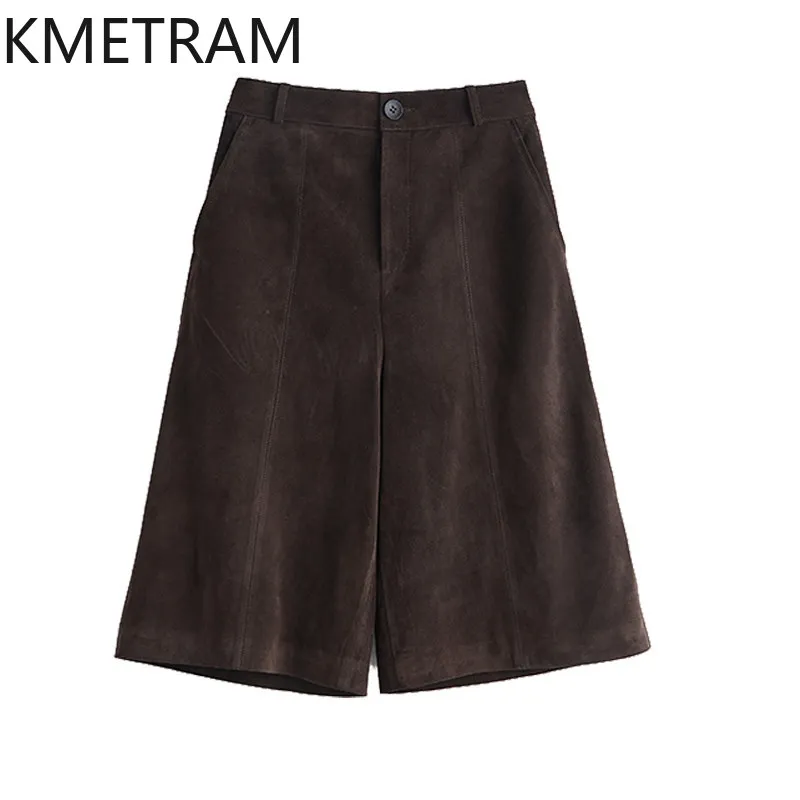 KMETRAM Genuine Leather Pants Baggy Straight Calf-Length Pants for Woman Crossbreed Sheep Suede Trousers High Waist Pantalones