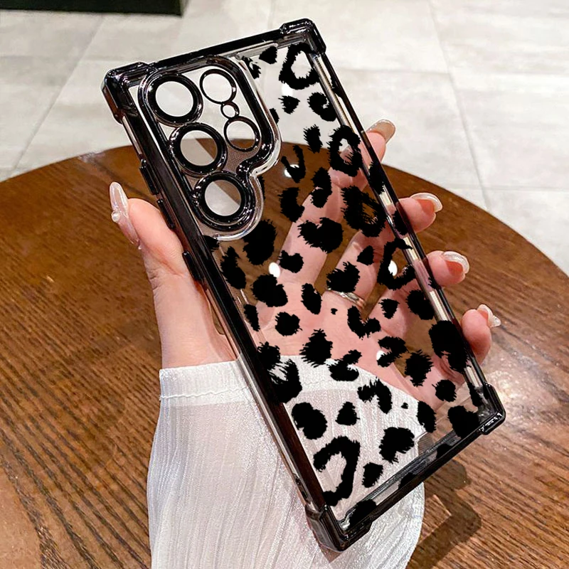 Leopard Print Electroplated Airbag Transparent Phone Case For Samsung Galaxy S25 Ultra S24 S23 S22 S