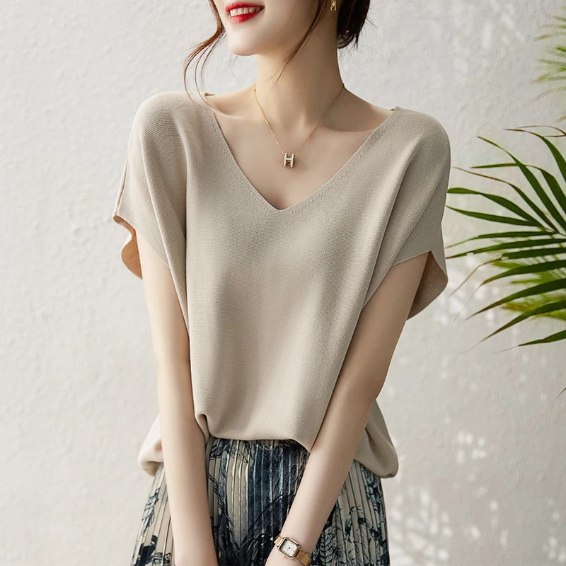 Ice Silk Knitted Shirt for Women\'s Summer New Loose Short Sleeve Solid Thin All-match T Shirt Tops Elegant Temperament Clothing