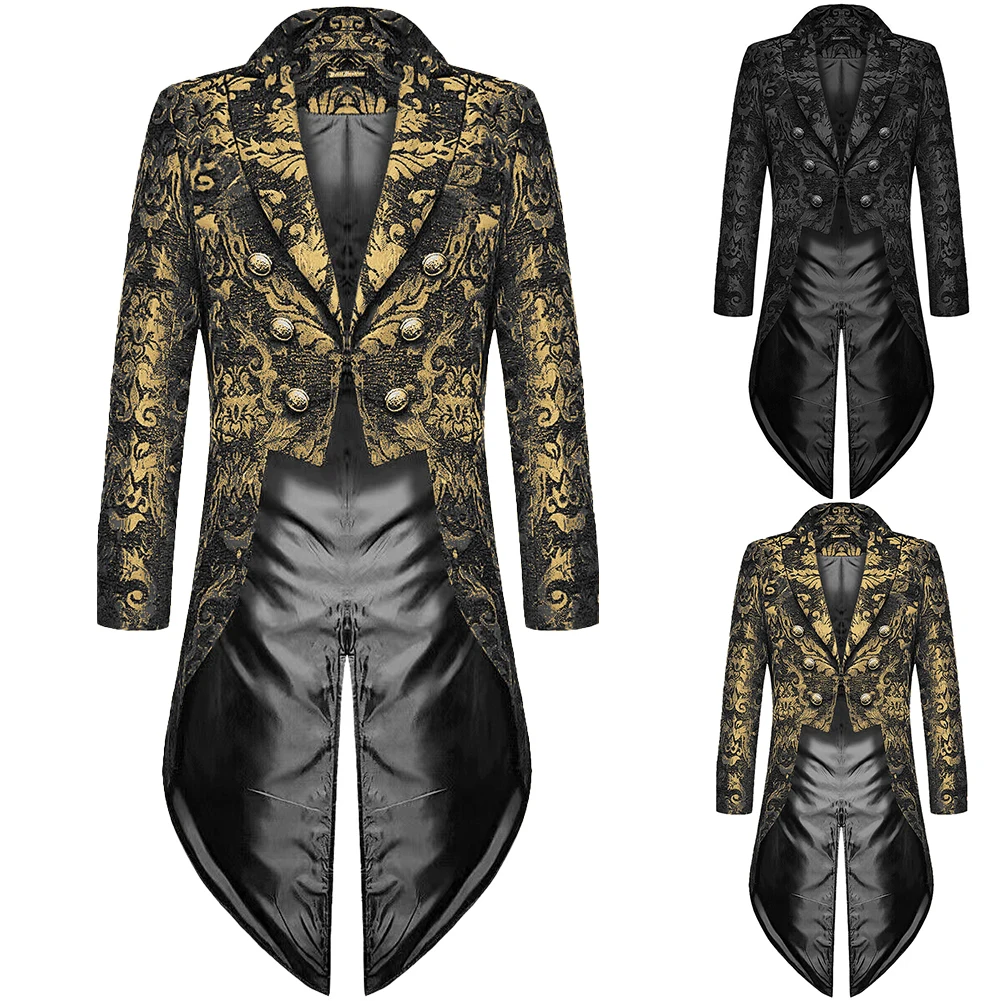 

For Parties Long Sleeve Jacket Mens Tailcoat Gothic Events Autumn Winter Fashion Jacket Damask Print Gold Color