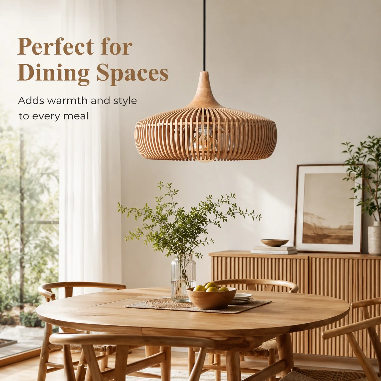 JOYINLED 43cm Wooden Pendant Light, Modern Nordic Slatted Wood Hanging Ceiling Lamp for Dining Room Kitchen Island Bedroom Cafes
