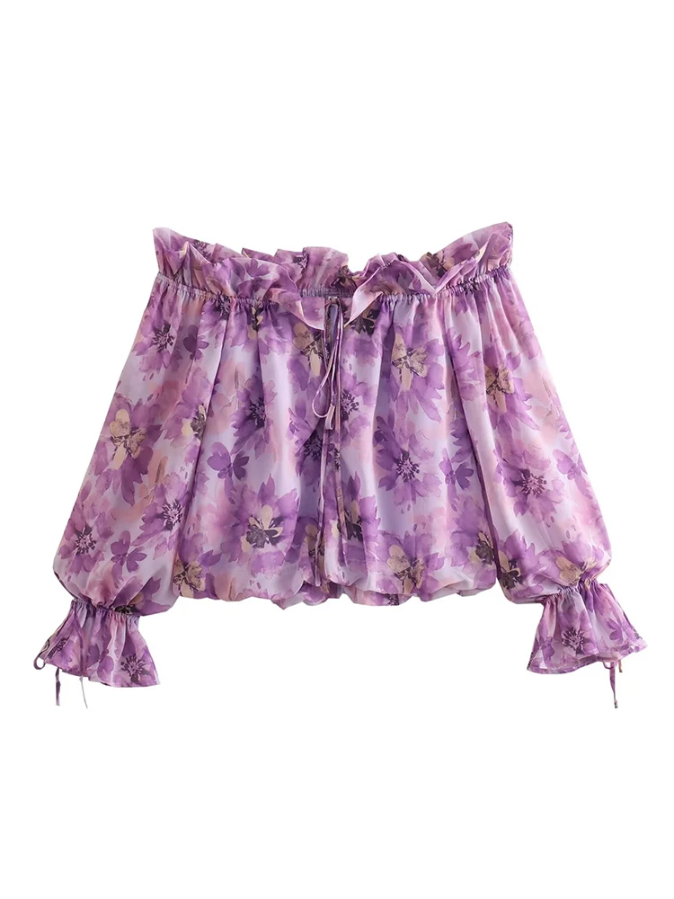 New 2024 Women Purple Floral Print Sexy Off Shoulder Blouse Long Sleeve Female Spring Summer Holiday Crop Top