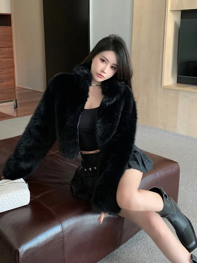 2024 Women Stand Collar Zipper Plush Faux Fur Jacket Winter New Korean Advanced Sense Fashion High Street Versatile Short Coat