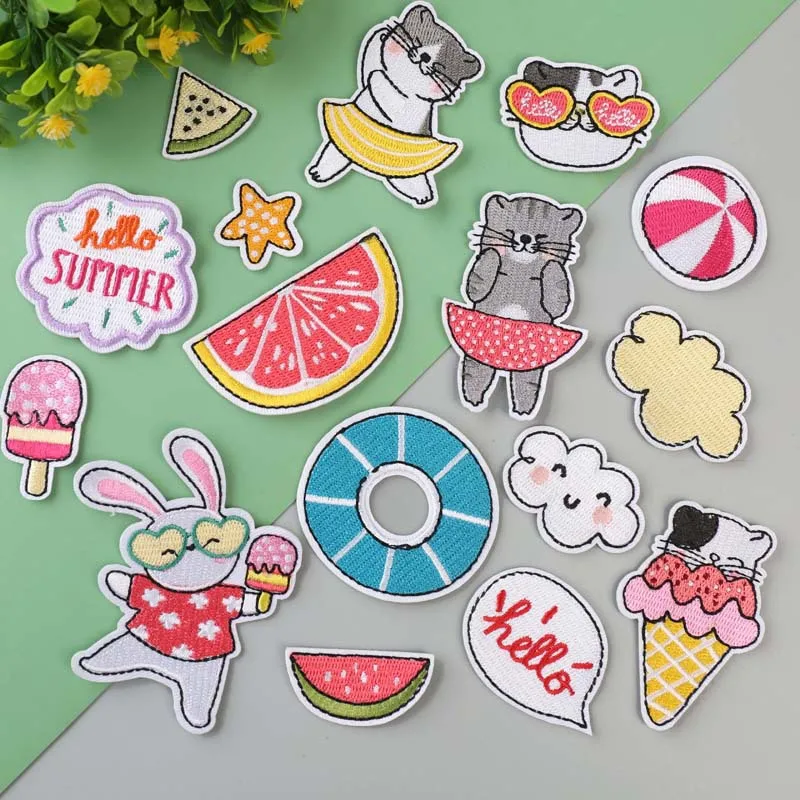 5 Pieces Diverse Iron-on Embroidery Patches Watermelon Ice-cream, Rabbits Clothing Bag Decoration, Cartoon Animal Back Glue