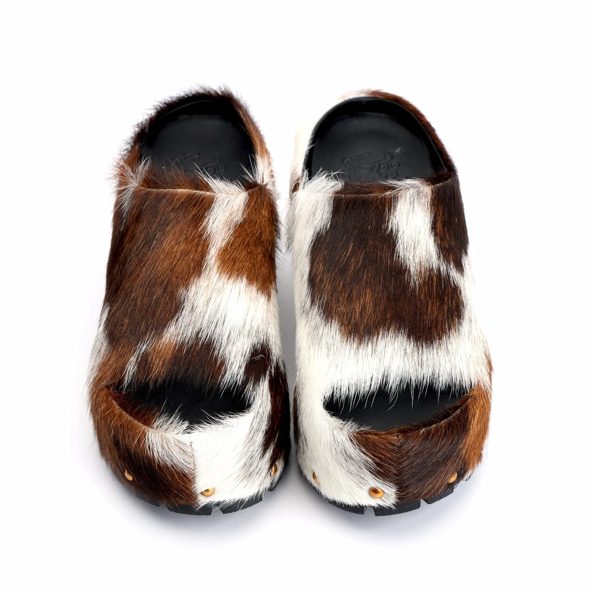 Handmade Women's Platform Fur Clogs, Arch Support Slip-On Mules with Natural Calf Hair,Studded Vintage Cowboy Style Slippers