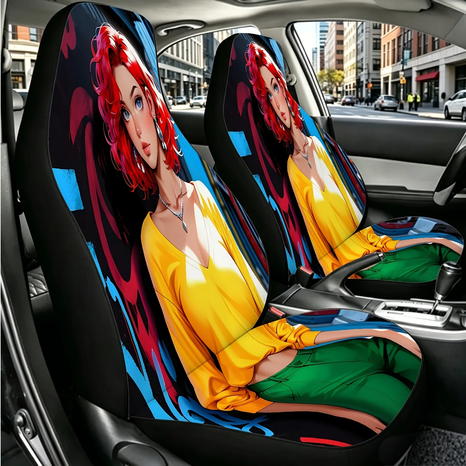 2pcs Red Curly Hair Yellow Top Green Long Pants Street Graffiti Background Car Seat Covers, Universal Size For SUV, Truck, Sedan