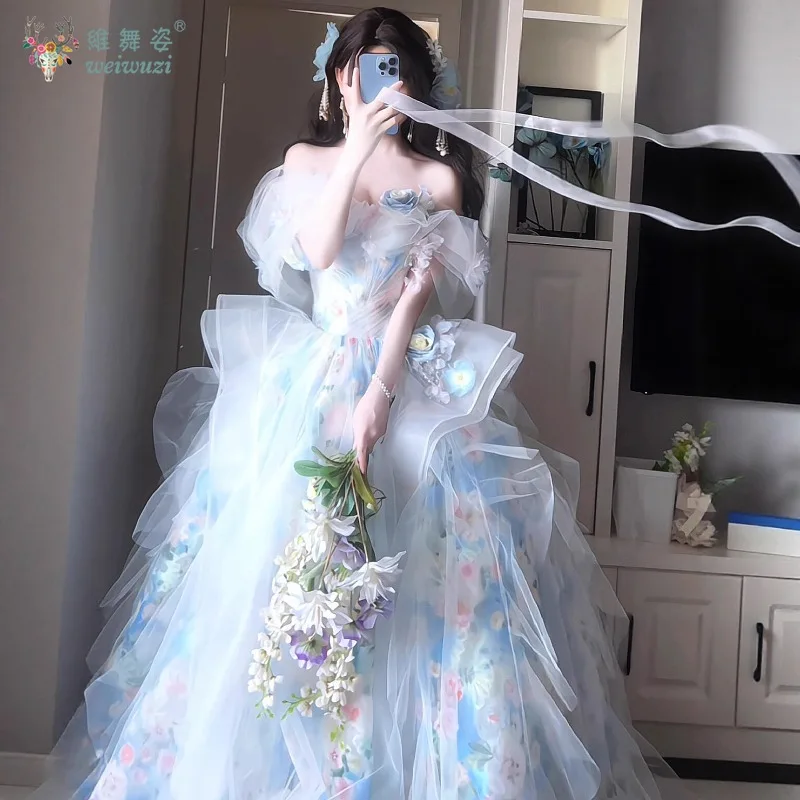 Azul gracioso inchado vestido de festa à noite flor renda aniversário rave outfit adulto cerimônia palco perfermance bonito fantasia traje