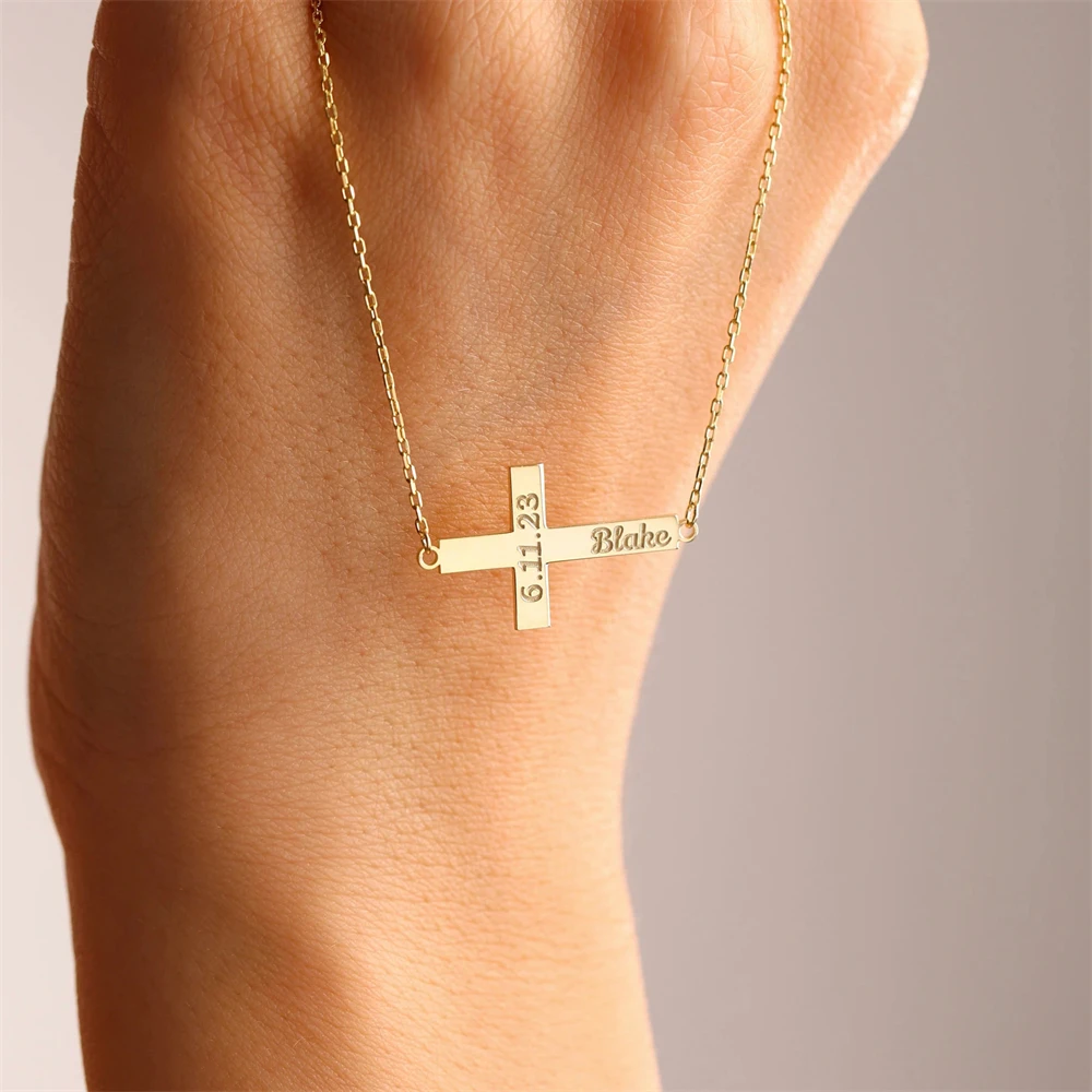 Custom Name Cross Necklace Women Men Engraved Date Name Necklace Stainless Steel Pendant First Communion Gift Christian Jewelry