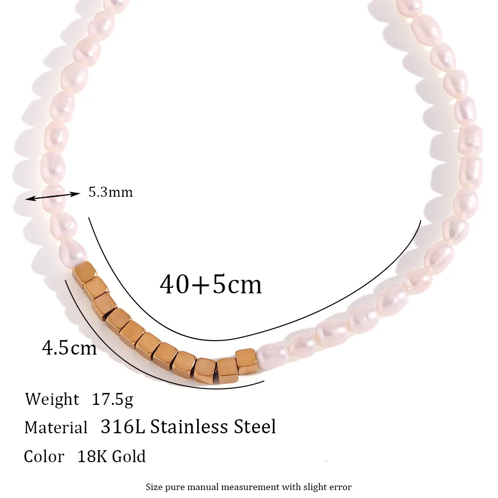 High Quality Freshwater Pearls Metal Blocks Stainless Steel Bracelet Necklace Simple Chain Waterproof Jewelry