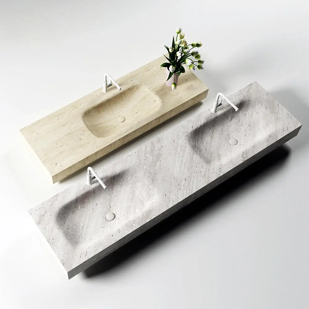 Thermoformed Roman Travertine Basin: Heat-Pressed Seamless Sink w/ Beige Veins