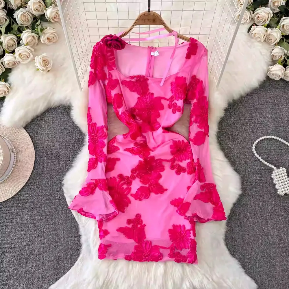 Elegant Square Neck Vintage Flare Sleeve Chic Embroidered Floral Halter Dresses Slim French Evening High Street Autumn Clothing