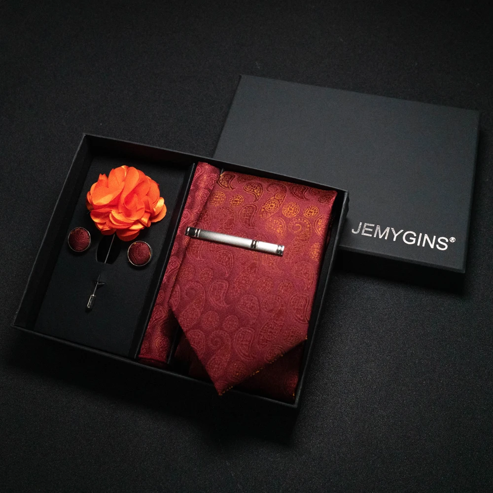 Weinrote Herrenkrawatte, Paisley-Seidenkrawatte, Einstecktuch, Manschettenknöpfe, luxuriöses Geschenkbox-Set, Hochzeitskrawatte, Accessoires, Krawatte für Herren – Detail 26