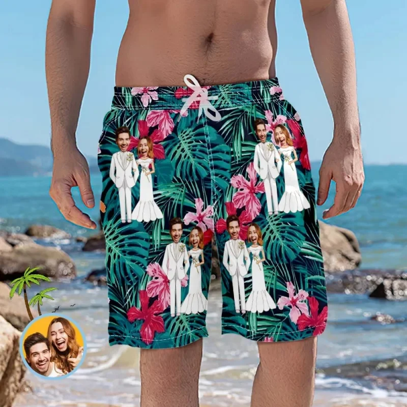 Custom Couple Face Beach Shorts Romantic Wedding Short Pants Funny Pineapple Shorts Comfortable Swim Trunks Best Wedding Gift