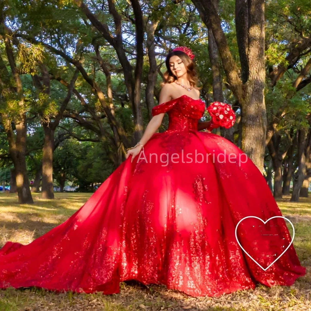 

Angelsbridep 2025 Off Shoulder Red Ball Gown Quinceanera Dresses Shiny Sequined Appliques Evening Party Dress Vestidos De Festa