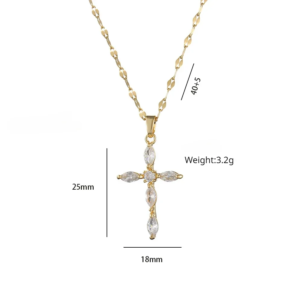 Shiny Green Pink Clear Zircon Cross Pendant Necklaces for Women Lady Stainless Steel Chain Gold Color Jewelry Accessories Gifts