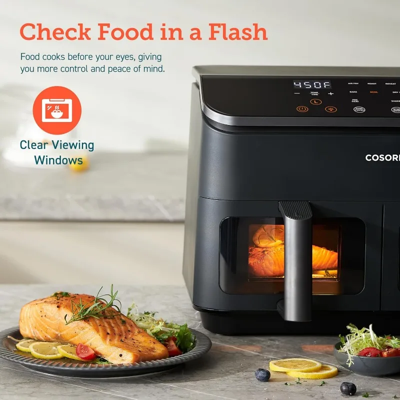 COSORI Dual Basket Air Fryer 9 Qt, Large and Wide Double Airfryer, 8-in-1, Sync Cook & Finish Family Meals,Roast,Broil,Dehydrate