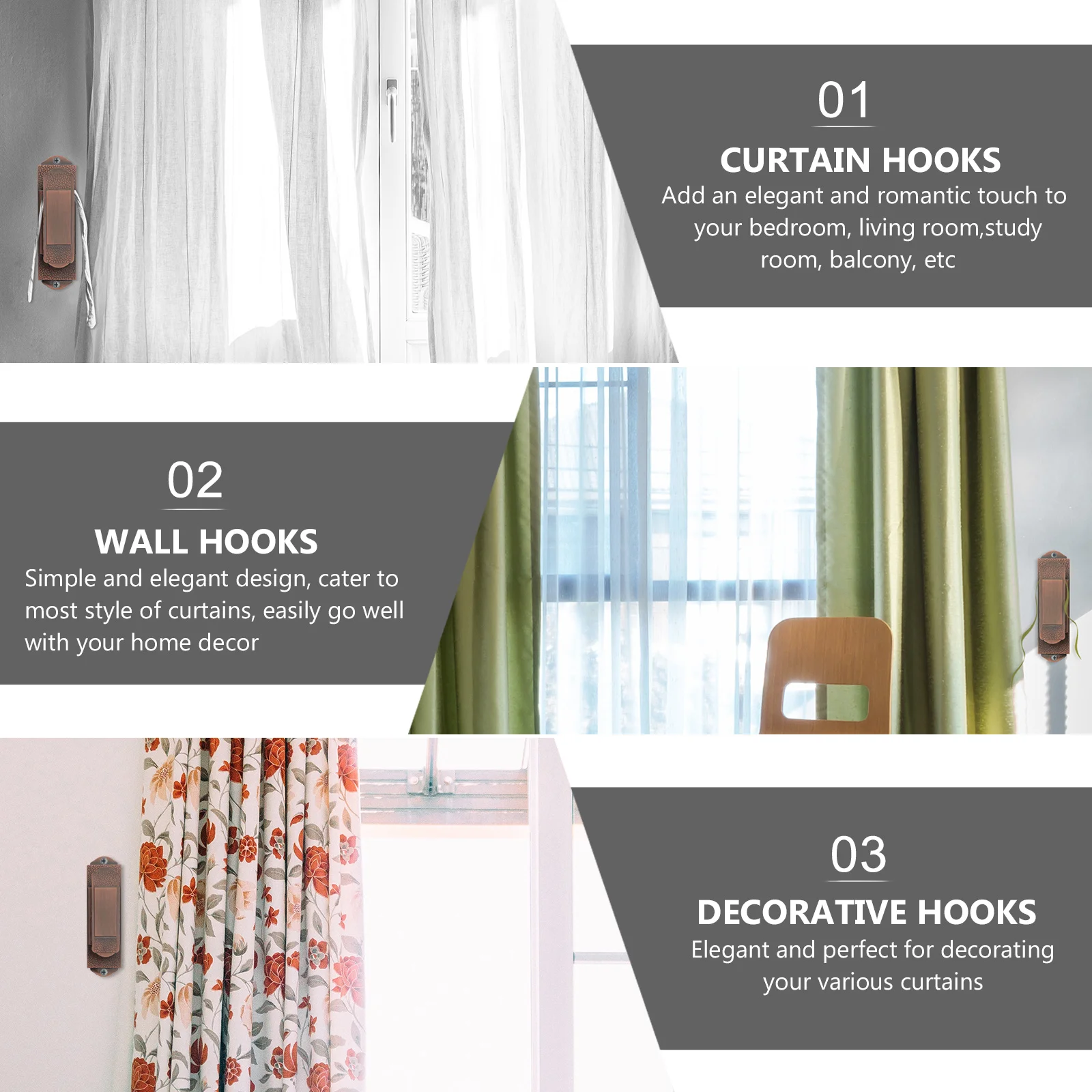 

1Pair Curtain Wall Hooks Decorative Elegant Holder for Curtains Sheer Thin Blackout Drapes Bedroom Living Room Household