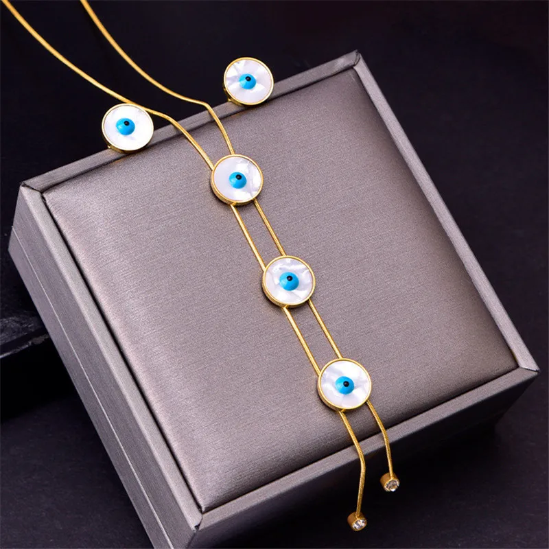 316L Stainless Steel Circular Eye Double Tassel Zircon Pendant Shell Heart Earrings Chain Jewelry Set