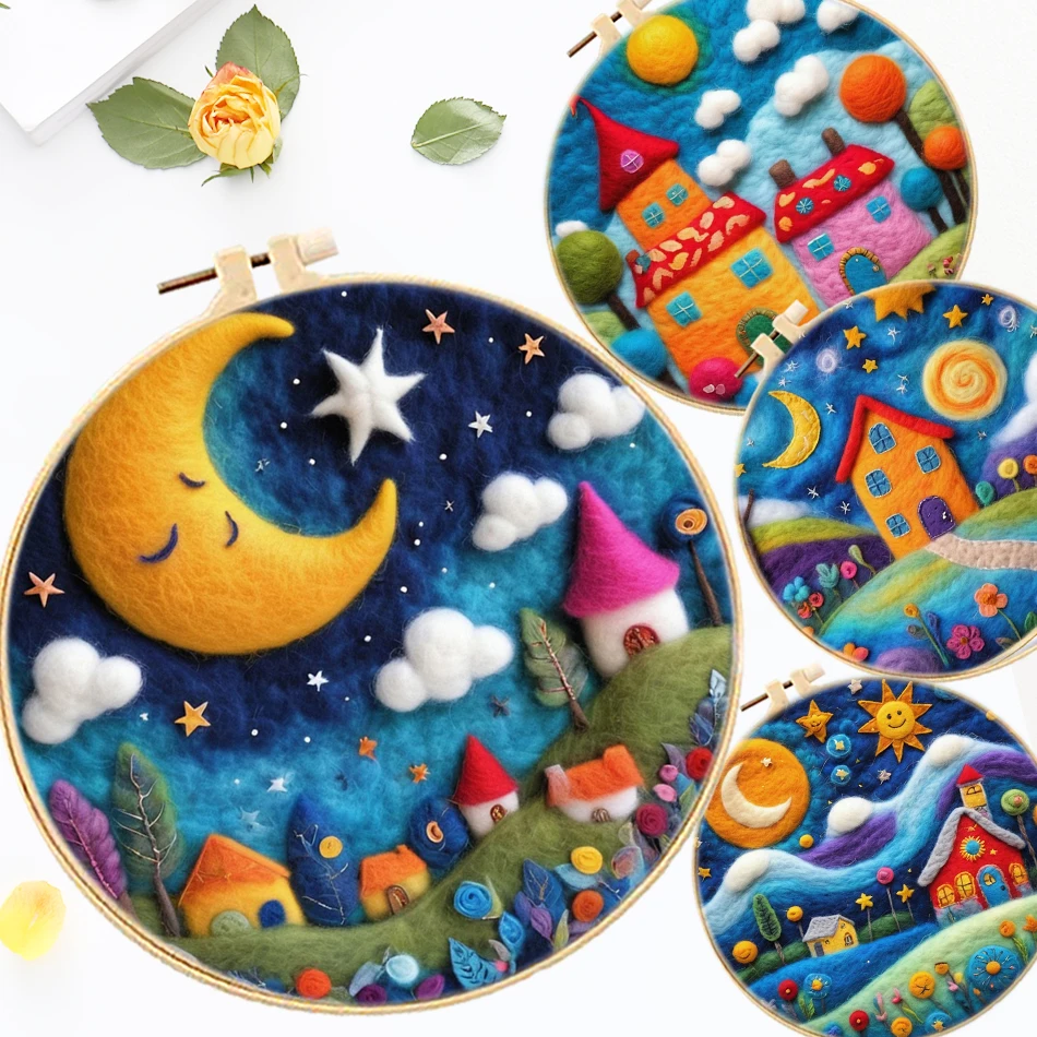 

DIY Wool Needle Felting Starter Kit Creative Needle Felt Set Moon Landscape Beginner Painting with Picture Frame For Home Decor