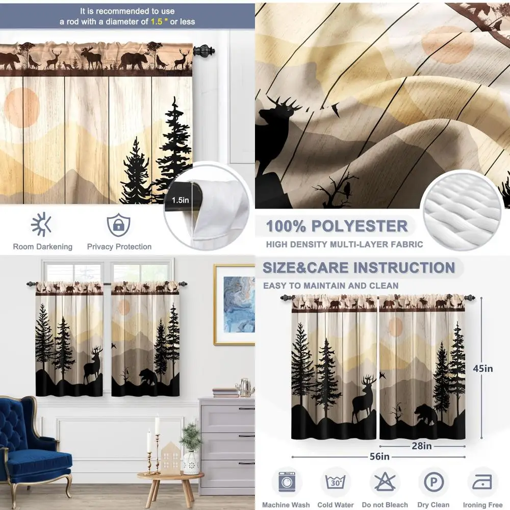

Кухонные шторы с изображением оленя и медведя в стиле закатного пейзажа, длина 45 футов, комплект из 2 панелей для столовой в коттеджном стиле