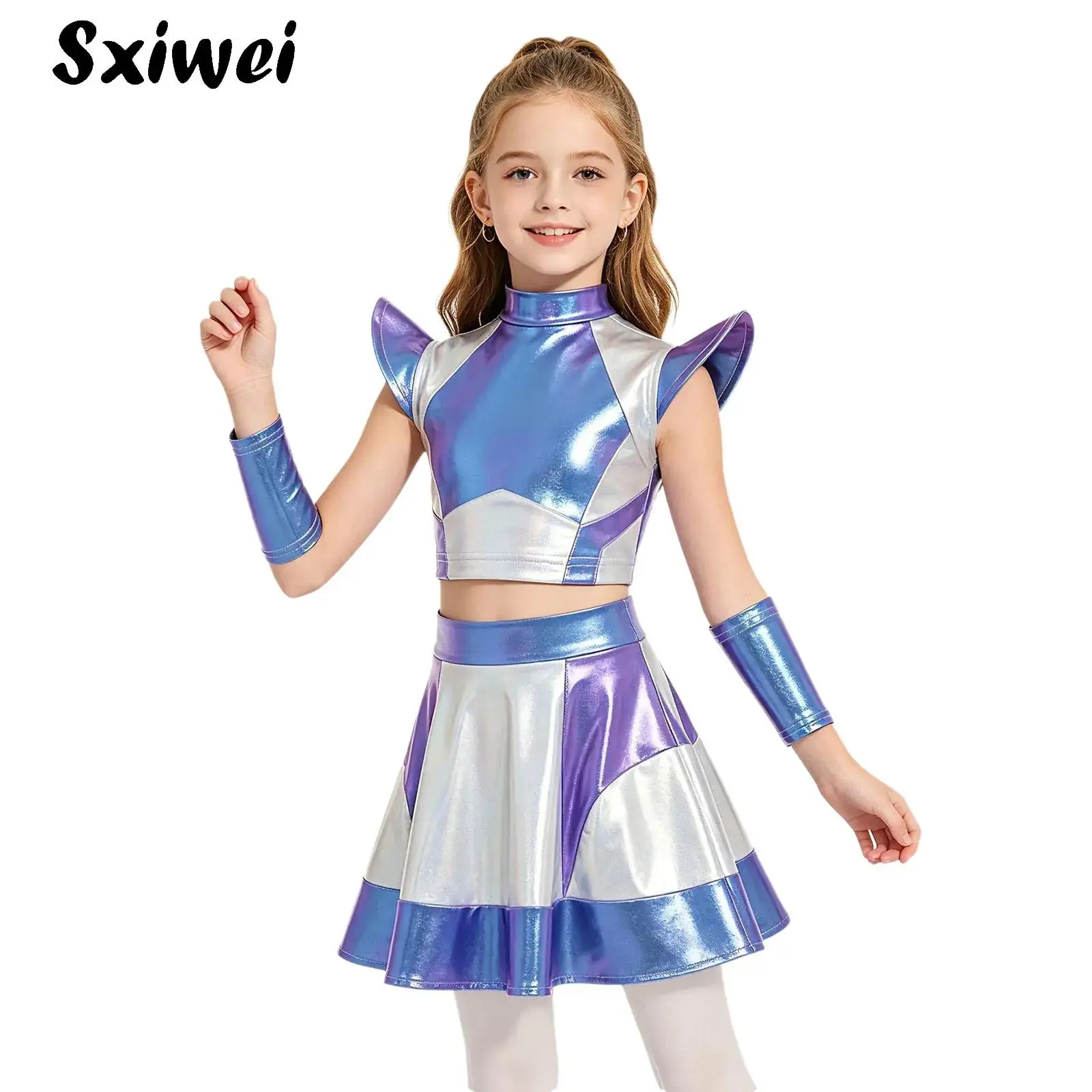 Kids Girls Halloween Astronaut Robot Alien Costume Space Cutie Dress Up Cap Sleeve Metallic Crop Top And Mini Skirt +Oversleeve