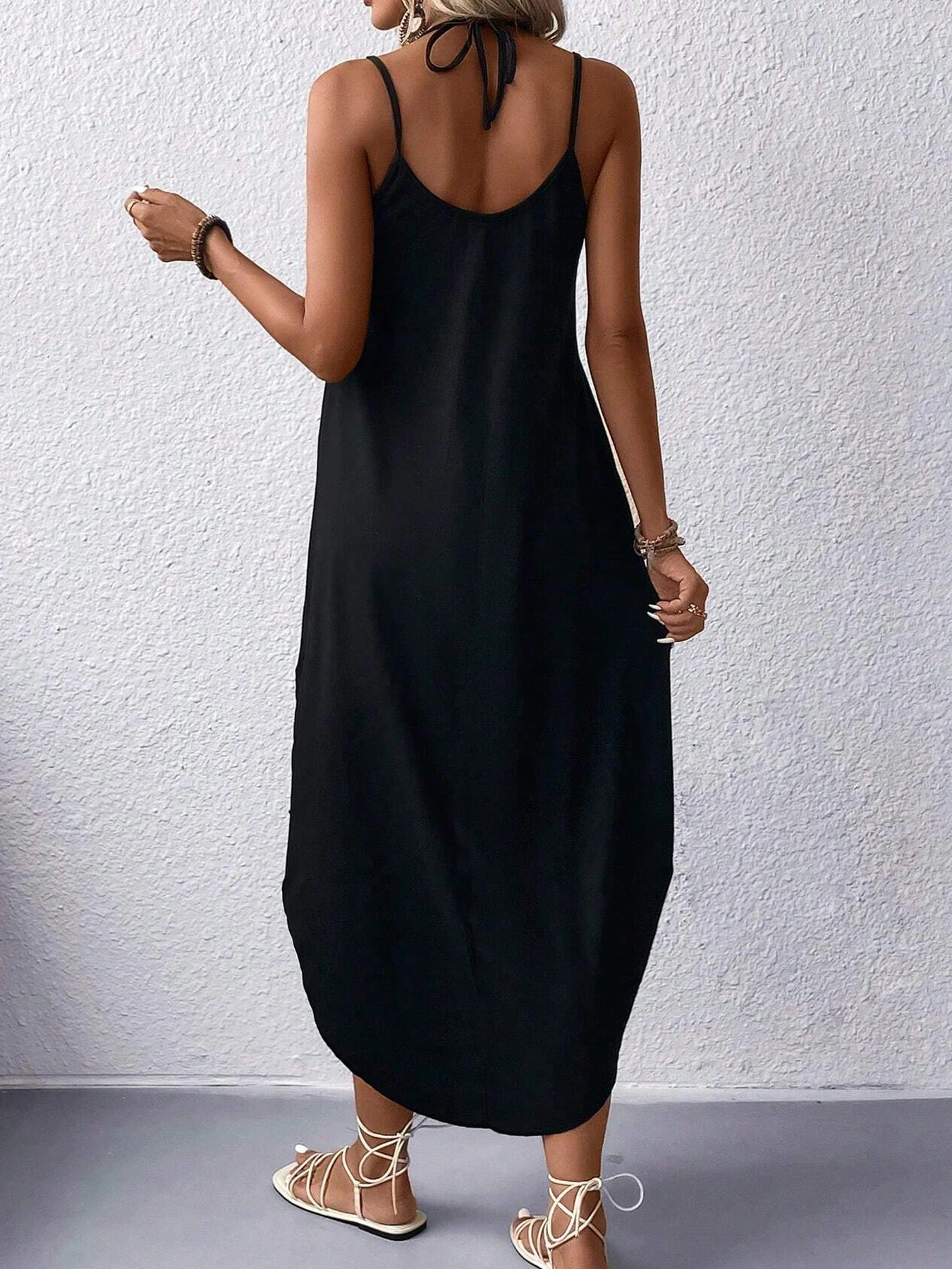 The Sun, the Moon and the stars Curvy Hem Cami Dress, Sexy Sleeveless Spaghetti Strap Loose Maxi Dress, Women's Clothing