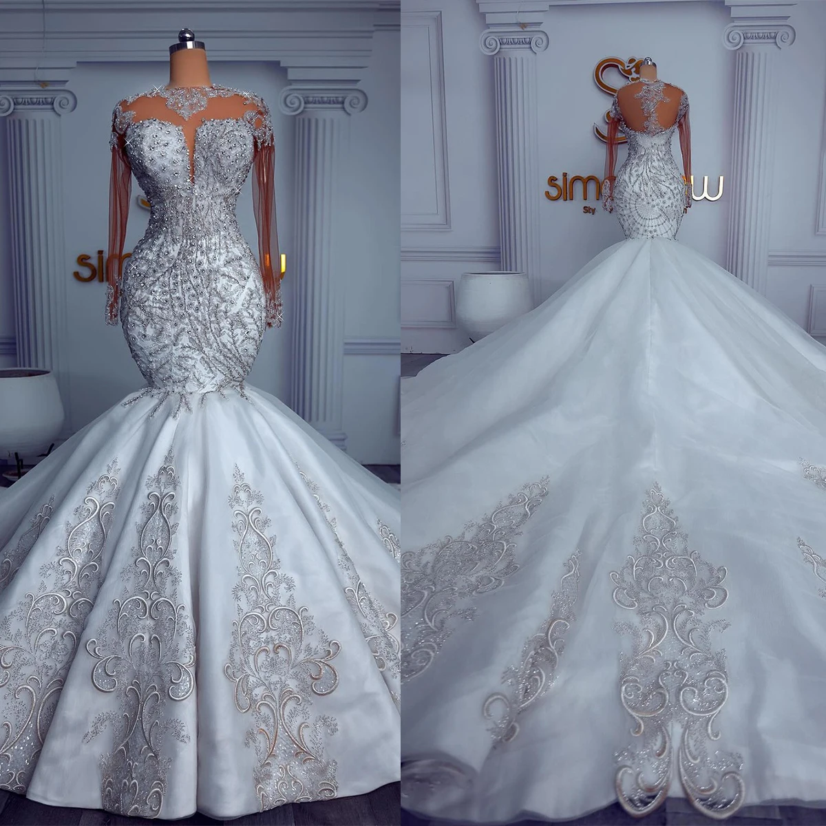 Luxury Mermaid Wedding Dresses Long Sleeves Sequins Appliques Lace Bridal Gowns Custom Made Sweep Train Robe De Mariee